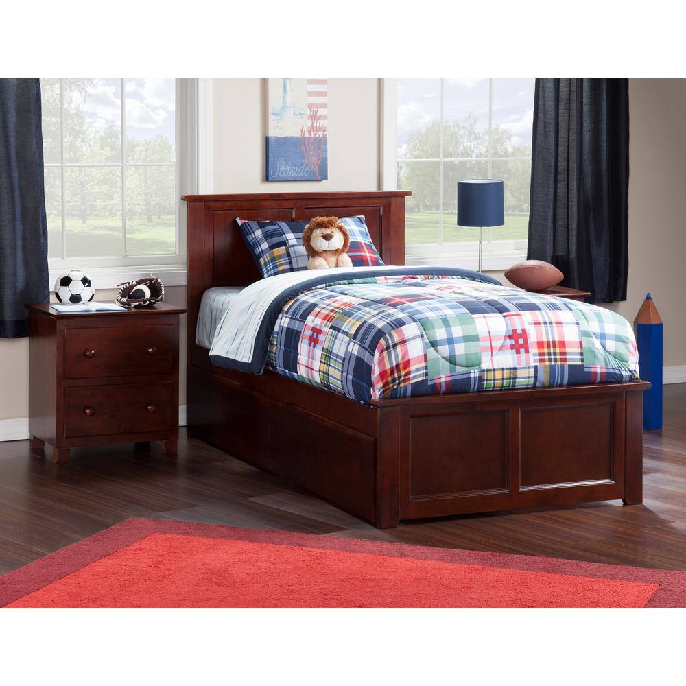 Walnut Twin XL Platform Bed with Storage Drawers and Headboard