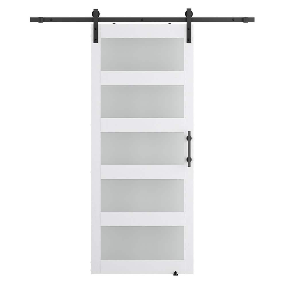 42 in. x 96 in. 5-Panel Frosted Glass White Prefinished MDF Interior Slidin