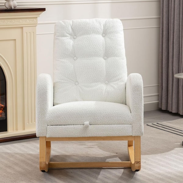 White Accent Rocking High-Back Rocker Sofa Armchair with Footrest and Side Storage Pocket