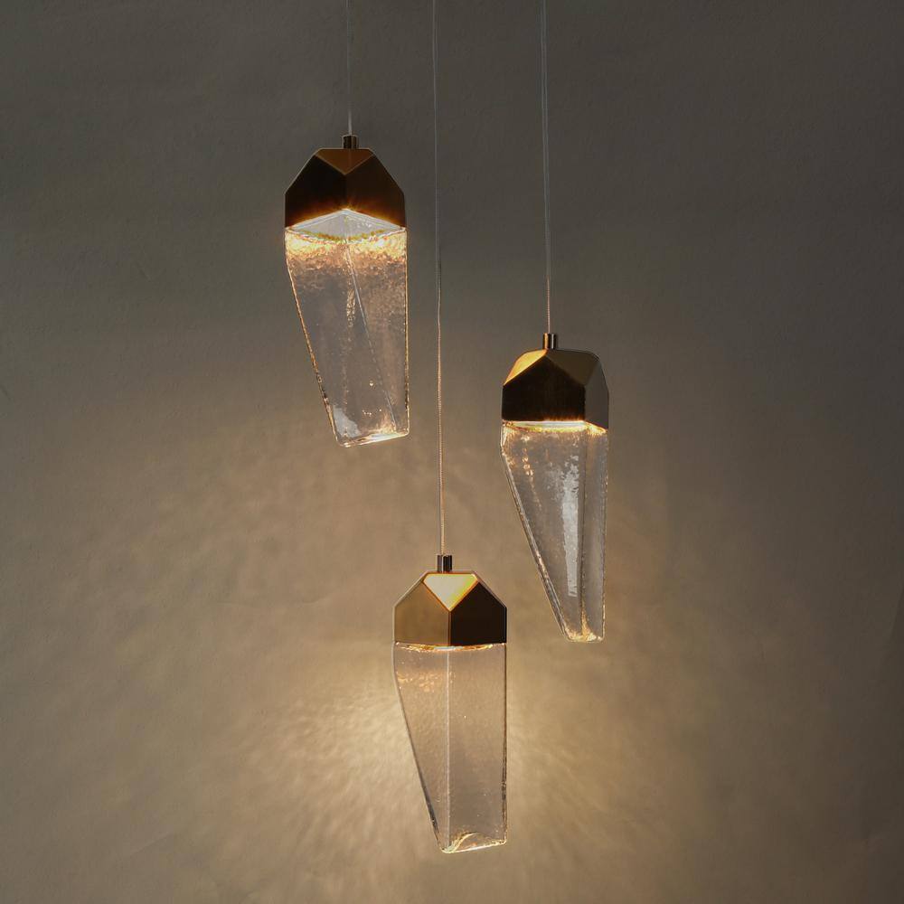 Polished Gold Brass and Crystal 3-Light LED Pendant Chandelier