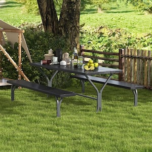 72 in. Black RecTangle Metal Picnic Table Seats 8-People with 2-Benches, Umbrella Hole