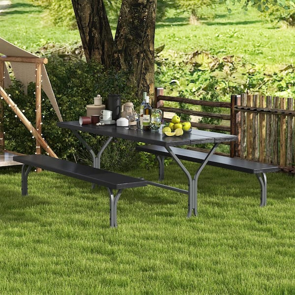 ANGELES HOME 72 in. Black RecTangle Metal Picnic Table Seats 8-People with 2-Benches, Umbrella Hole