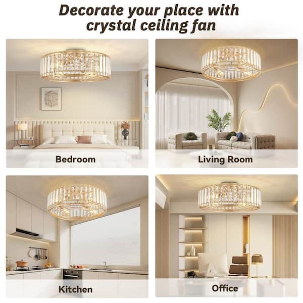 20 in. Indoor Gold Crystal Ceiling Fan with Light, Mid Century Gold Fandelier with Remote Control, 6 Speeds for Bedroom