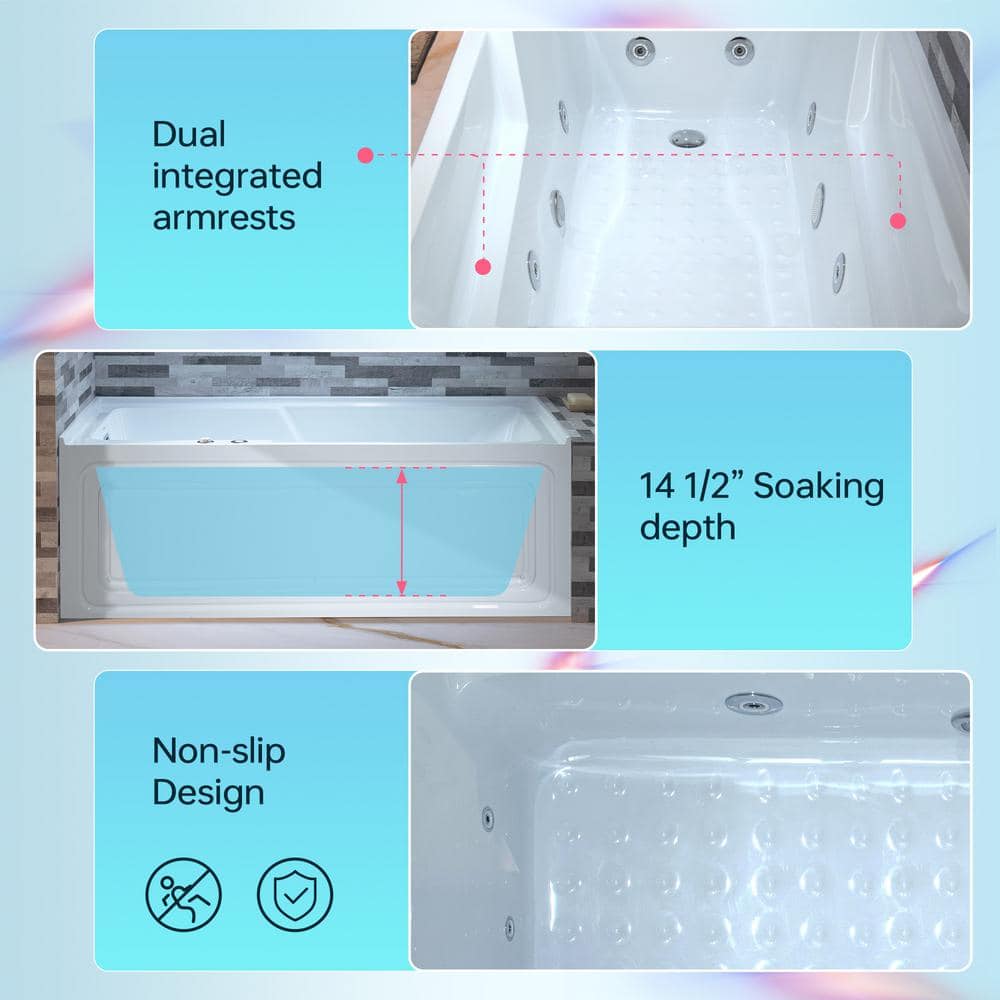 60'' White Freestanding Heated Acrylic Whirlpool Bathtub