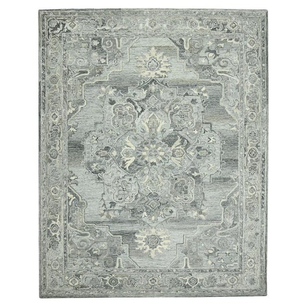 5 ft. x 7 ft. Gray Ivory And Light Blue Wool Oriental Hand Tufted Area Rug