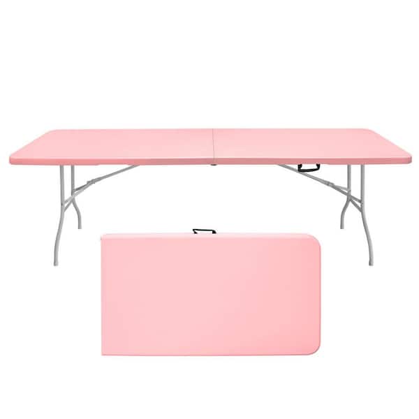 96 in. Pink Rectangle Steel Folding Picnic Table, Portable Outdoor Camping Table with Plastic Top Seats 6 People