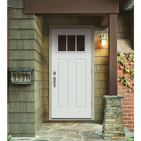 30 in. x 80 in. 3 Lite Craftsman White Painted Steel Prehung Left-Hand Outswing Front Door w/Brickmould