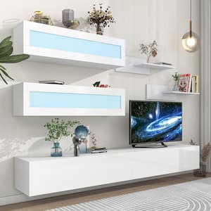 95 in. White TV Stand with 4-Media Storage Cabinets and 2-Shelves Fits TV's up to 95 in. with 16-color RGB LED Lights