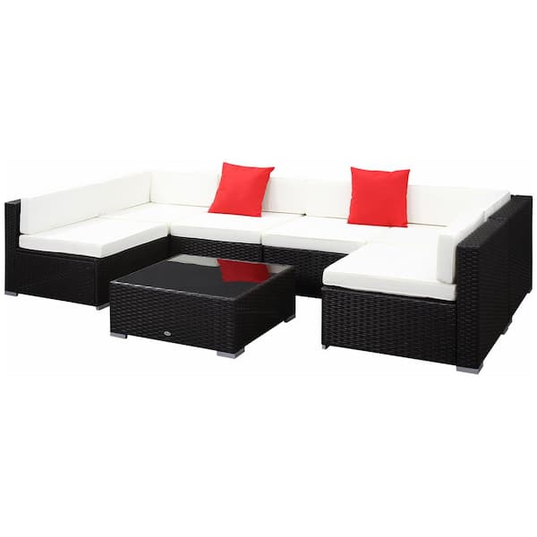 FORCLOVER Patio Coffee Brown 7-Piece Wicker Patio Conversation Sectional Seating Set with Cream White Cushions