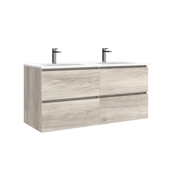 WS Bath Collections Flora 47.6 in. W x 18.1 in. D x 22.2 in. H Double Sink Wall Mounted Bath Vanity in Grey Pine with White Ceramic Top