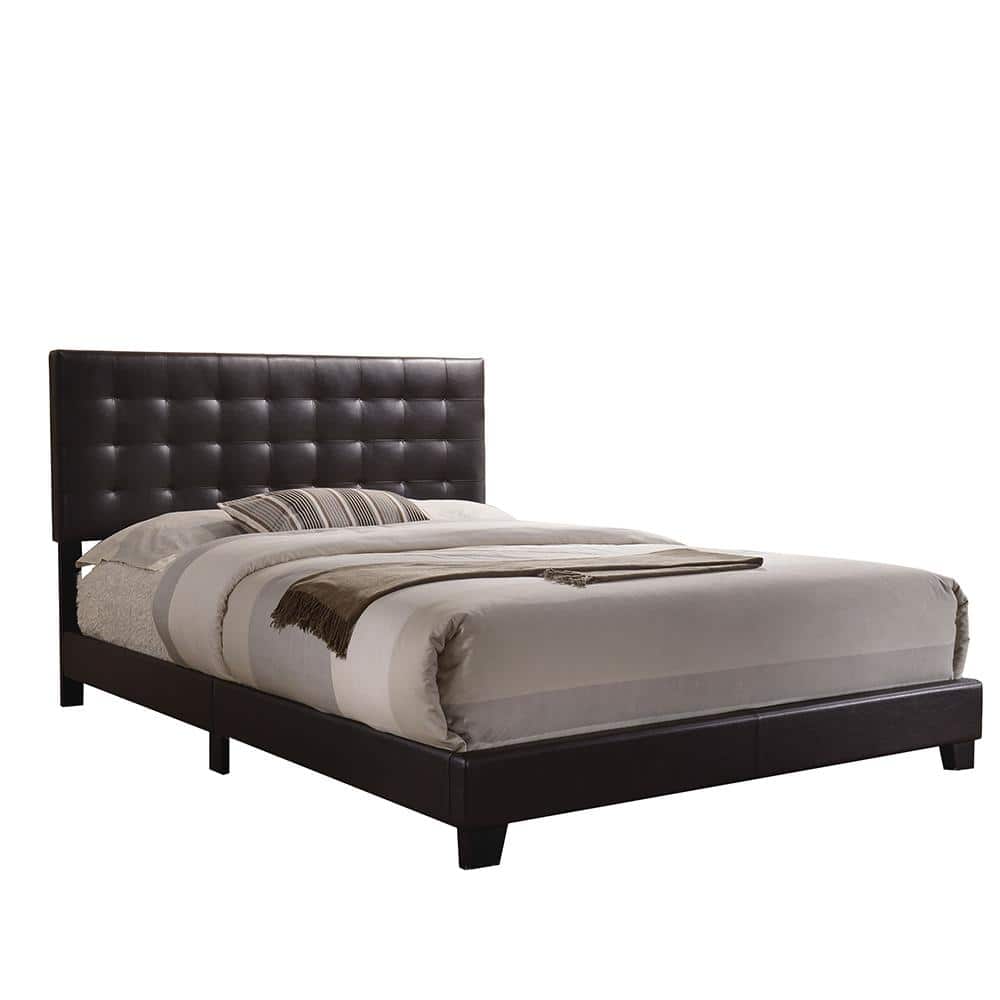 Espresso Faux Leather Tufted Queen Bed with Wood Frame