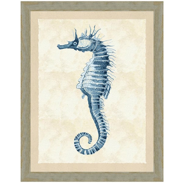 Vintage Print Gallery "Indigo seahorse II" Framed Archival Paper Wall Art (24x28 in full size)
