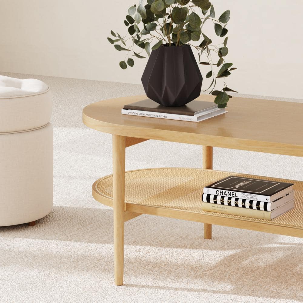 Sonia Bohemian Oval Light Wood Coffee Table with Rattan Storage
