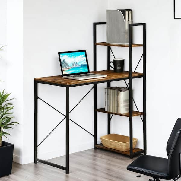 Designs2Go 36 in. Rectangle Barnwood/Black Particle Board Workstation Writing Desk with Shelves