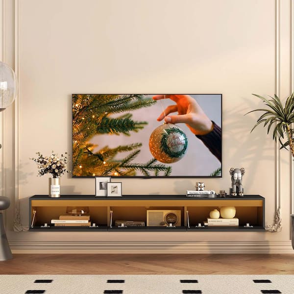 64.96 in. W x 11.81 in. D Black Wood Decorative Wall Shelf with Led Lights