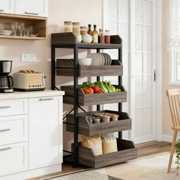 5-Shelf Gray Metal Kitchen Storage Rack with Pull-Out Drawers, Multipurpose Organizer for Fruits, Vegetables & Snacks