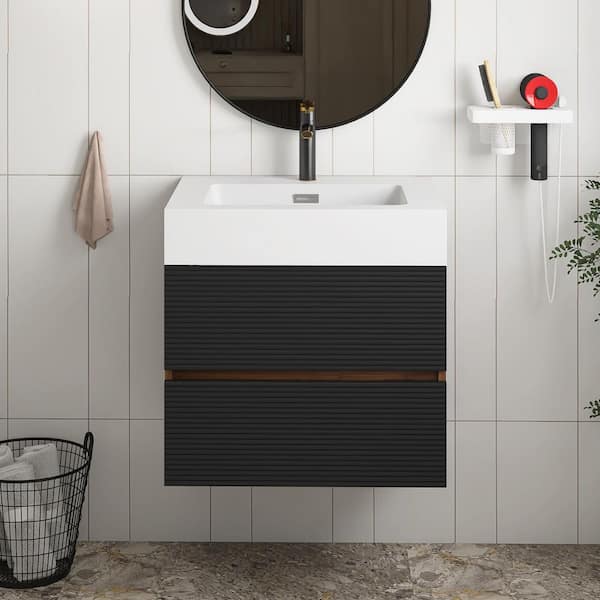 24 in. Wall Mounted Black+Brown Bath Vanity with White solid surface Top Unassembled