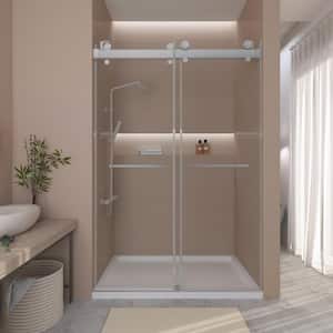 60 in. W x 79 in. H Double Sliding Door Frameless Corner Shower Enclosure in Brushed Silver with 5/16 in. Tempered Glass
