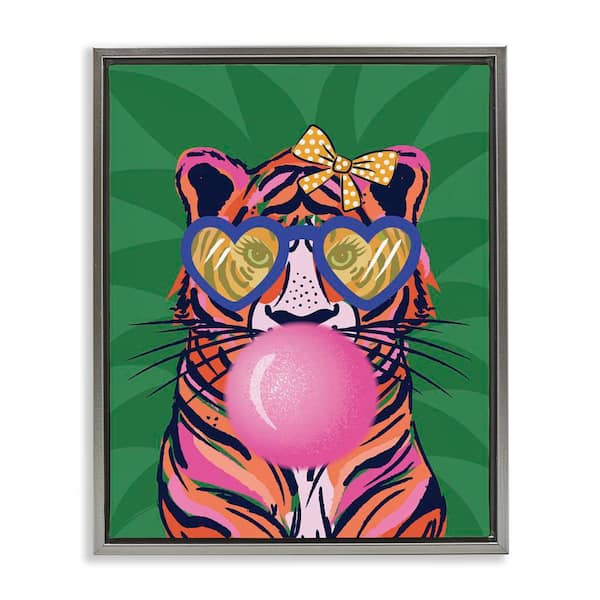Stupell Industries Glam Tiger Bubble Gum by Lisa Perry Whitebutton Gray Floater Frame Animal Graphic Art Print 21 in. x 17 in.
