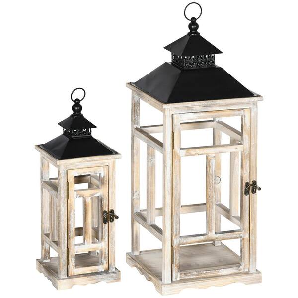 ANGELES HOME 30-1/2 in. and 20-3/4 in. H Indoor/Outdoor Fir Wood Rustic Lantern Set Garden Decor, Distressed Wood