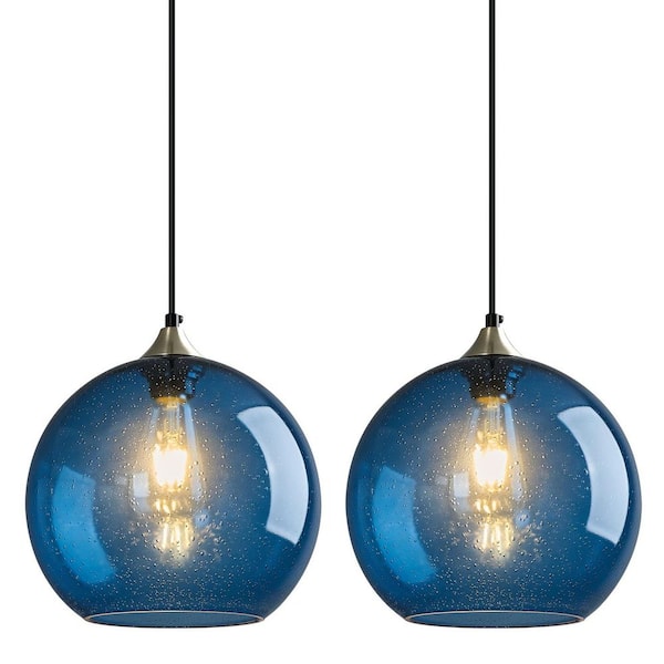 Home Lighting ‎60 Watts 1-Light 9.84 in. Blue Glass Pendant Light for Kitchen Island, No Bulbs Included, (2-Pack)