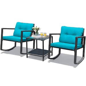 Black 3-Piece Rattan Wicker Patio Conversation Set Rocking Chairs With Blue Cushions