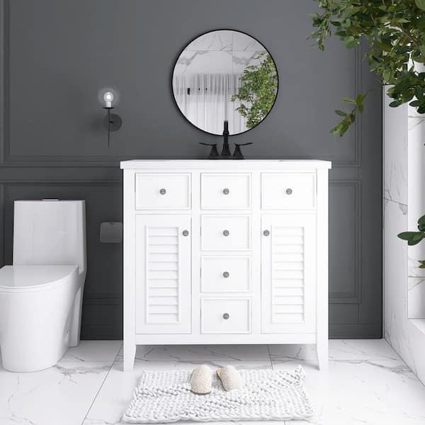 Unbranded 36 in. W x 18 in. D x 34 in. H Single Sink Freestanding Bath Vanity in White with White Ceramic Top