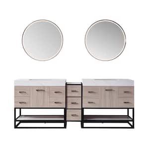 Toledo 84 in. W x 22 in. D x 34 in. H Double Sink Bath Vanity in Light Walnut with White Composite Stone Top and Mirror
