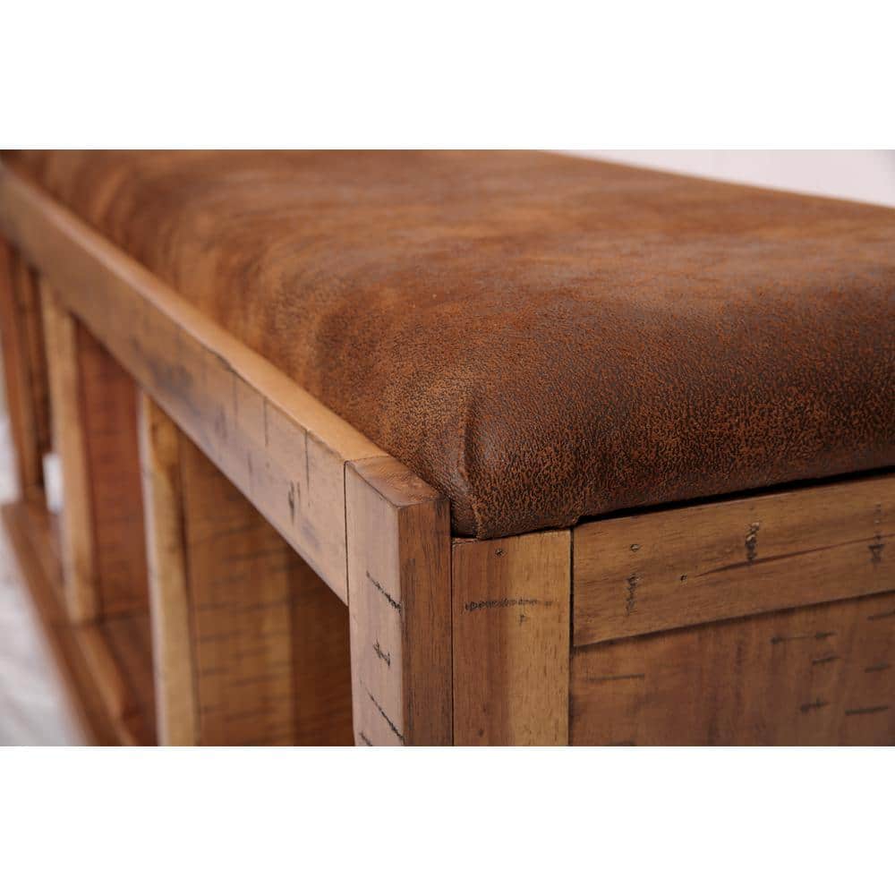 Distressed Toffee Brown Acacia Hall Bench with Storage and Microfiber Seat