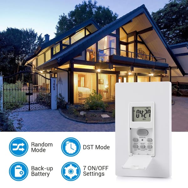 Indoor in Wall Timer Switch for Light, 7 Day, 7 On/Off Settings, DST RDM Mode, Programmable Digital Switch Timer