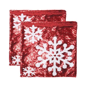 Quay Red and White Snowflakes Sequin 18 in. x 18 in. Christmas Throw Pillow Cover (Set of 2)