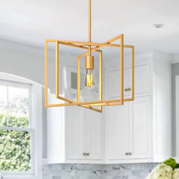 60-Watt 1 Light Painted Gold Pendant Light with Irregular Geometric Cage Metal Shade, No Bulbs Included