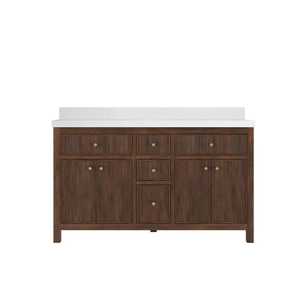 Willow Collections Sonoma Teak 60 in. Double Sink Freestanding Dark Walnut Bath Vanity with White Quartz Top Unassembled