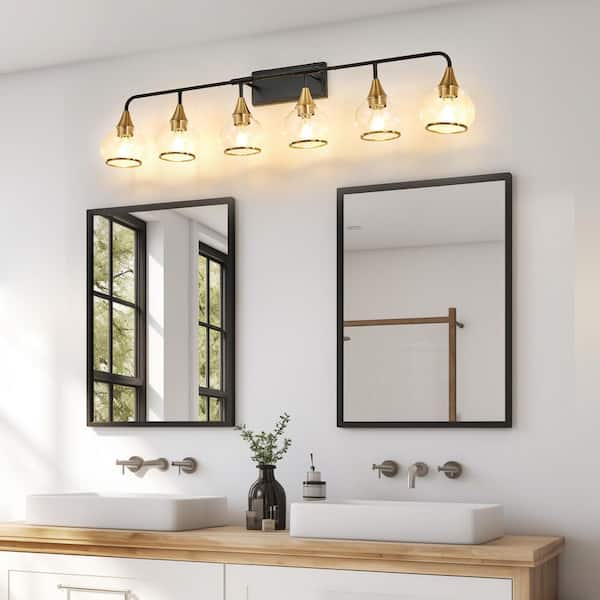 48 in. W 6 Light Black and Gold Vanity Light with Lamp Holders and Shade for Mirror, Bathroom, NO Bulbs Included