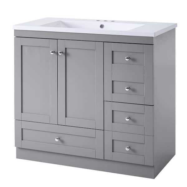 35.8 in. x 17.9 in. x 34.50 in. Gray Freestanding Bath Vanity with White Ceramic Sink Top