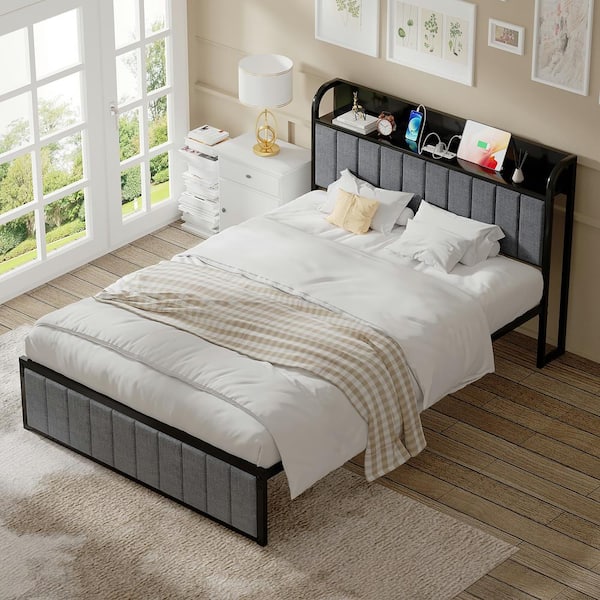 VECELO Bed Frame, Gray Metal Frame Full Platform Bed Upholstered Headboard with Storage Charging Station, Sturdy Metal Slats