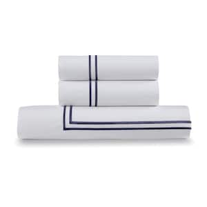Navy Satin Stitched 100% Percale Cotton Queen Size Duvet Cover Set