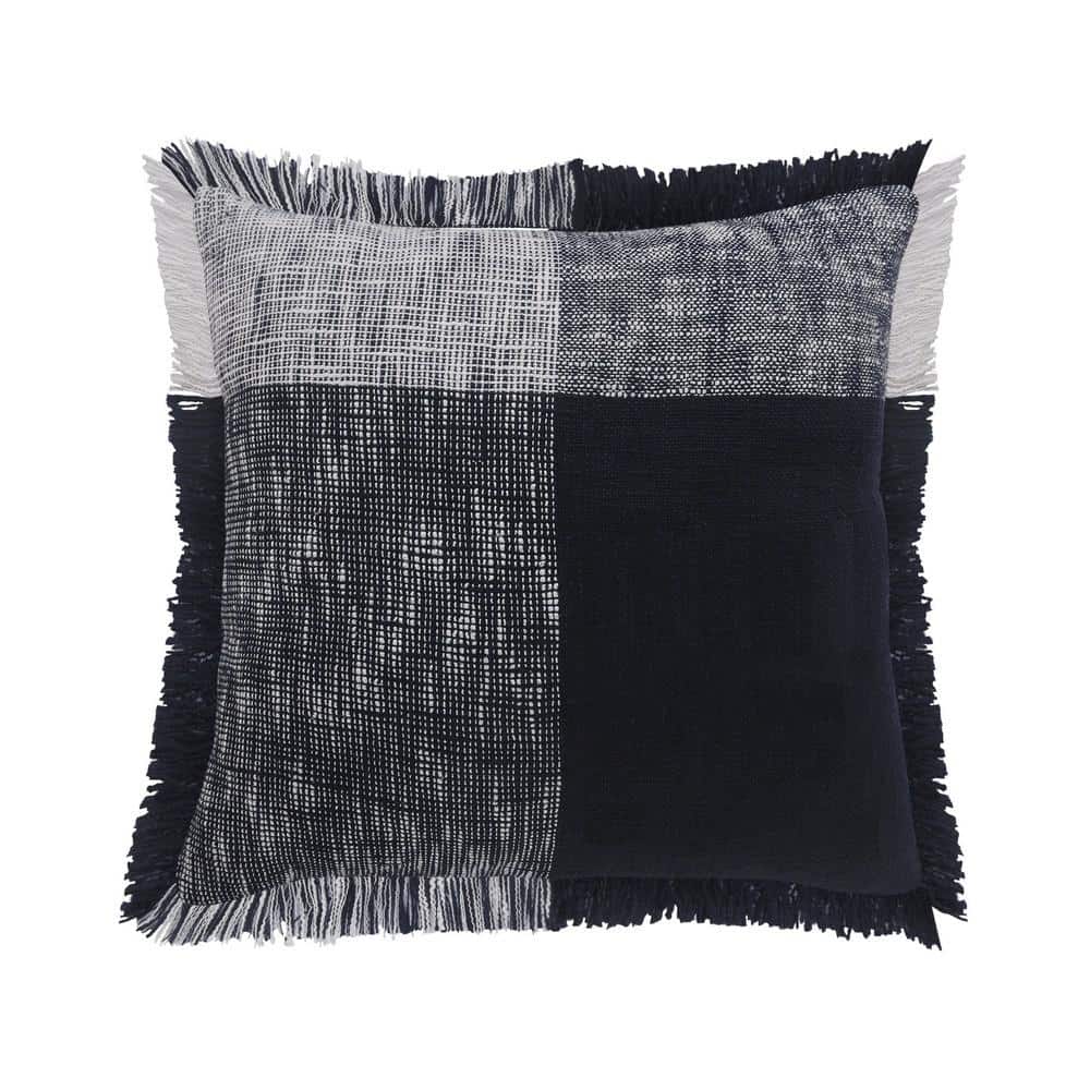 Block Navy Blue / White Plaid Fringe Poly-fill 20 in. x 20 in. Indoor Throw