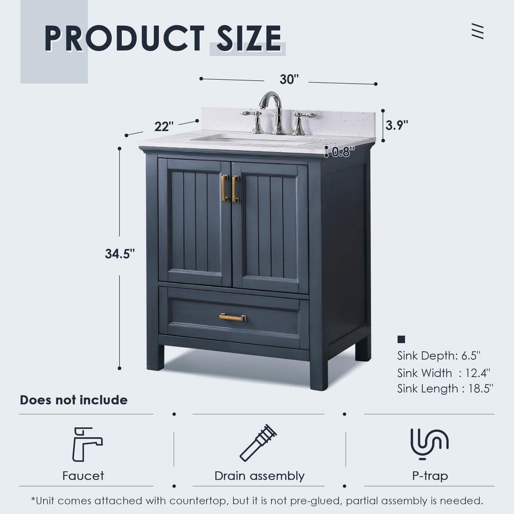 Isla 30" Classic Blue Single Vanity with White Marble Countertop