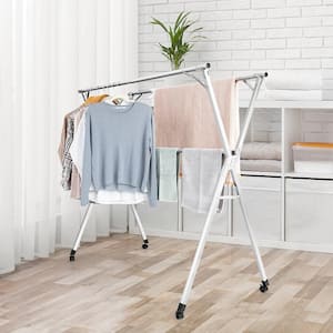 Silver Stainless Steel Drying Clothes Rack Garment Rack Adjustable & Foldable w/Wheels 60 in. W x 54 in. H