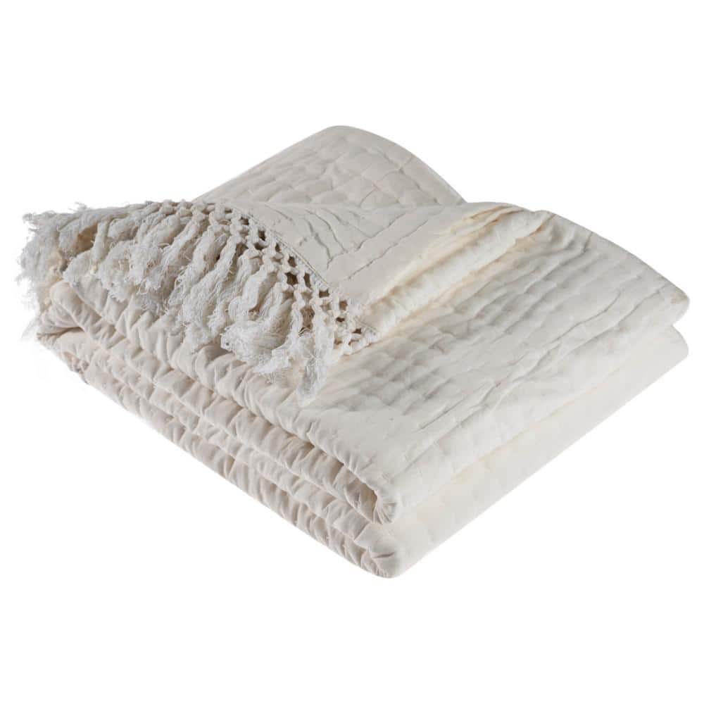 Ivory Cotton Reversible Throw Blanket with Fringe