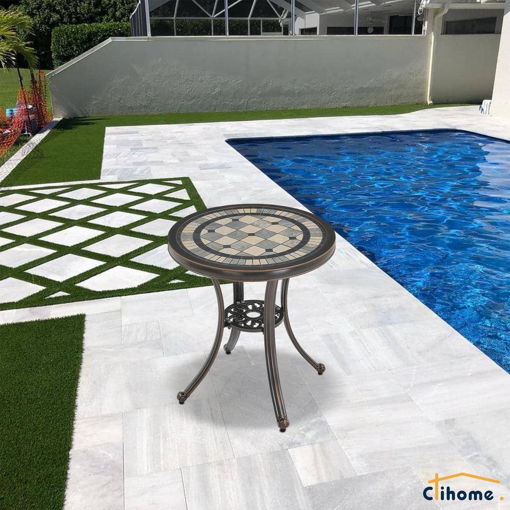 Bronze Round Cast Aluminum Outdoor Dining Table with Ceramic Top