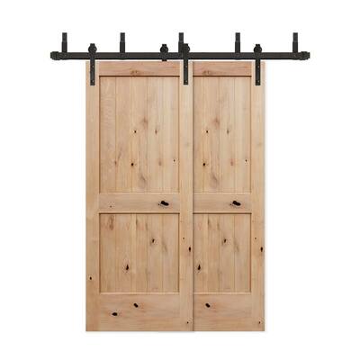 60in.x80in.Bypass Rustic Unf 2-PNL V-Groove Solid Core Knotty Alder Wood Sliding Barn Door with Bronze Hardware Kit