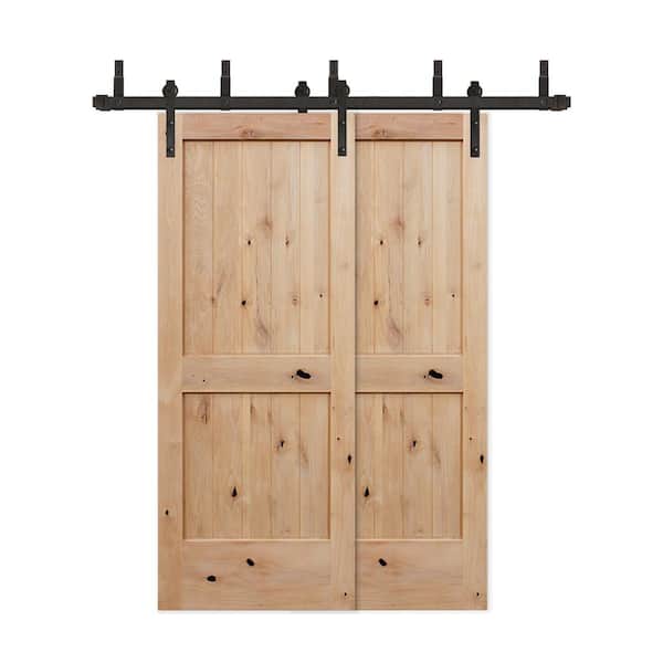 Pacific Entries 60in x 80in Bypass 2-PNL V-Groove Solid Core Knotty Alder Sliding Barn Door with Bronze Hardware Kit and Soft Close