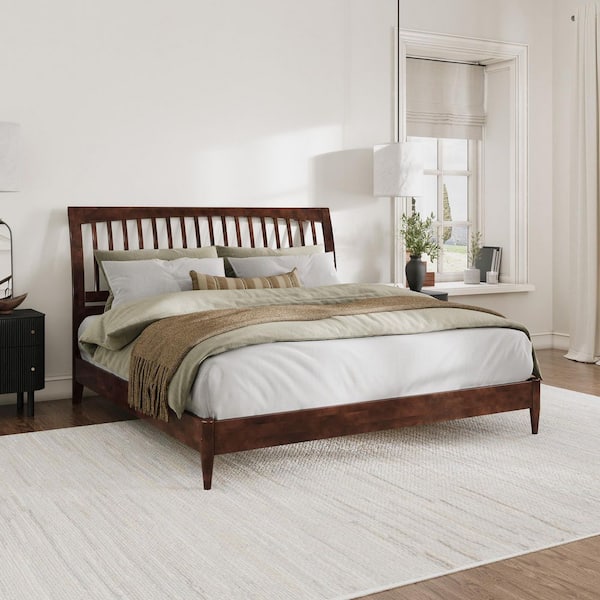 Orleans Walnut Brown Solid Wood Frame King Low Profile Sleigh Platform Bed