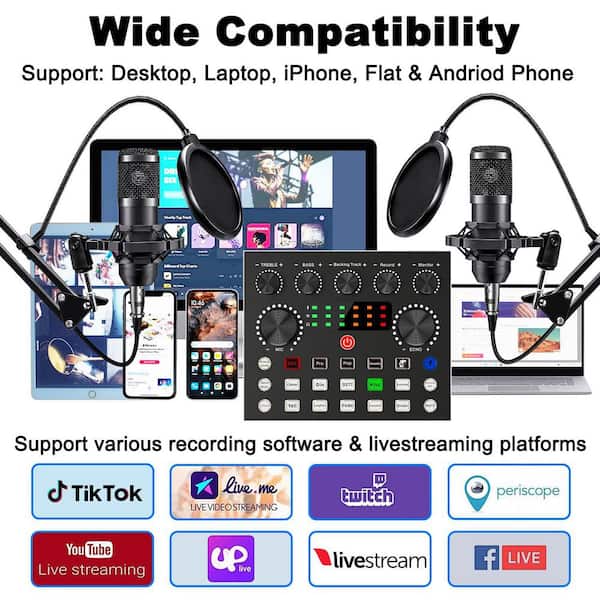 Yichuhaoxi Podcast Equipment Bundle with Sound Card and 2-Condenser Microphones in Black 2-Pack Studio Kit for Recording