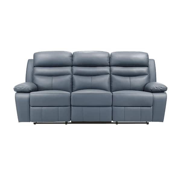 Edelia 86.5 in. W Pillow Arm Leather Rectangle Manual Double Reclining Sofa in Blue