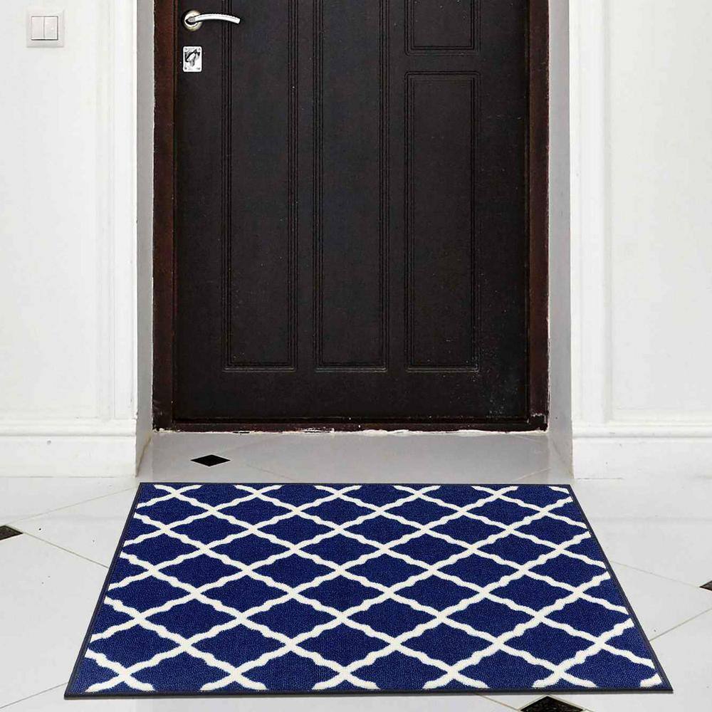 Navy and Ivory Synthetic Trellis Non-Slip Area Rug, 2'3" x 3'