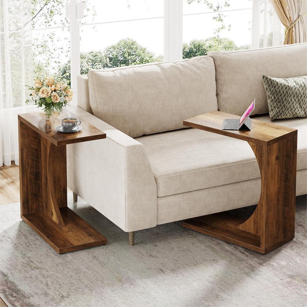 Kerlin 23.62 in. Mix Brown C-Shaped Wood End Table (Set of 2), Sofa Side Table Couch Table for Small Space