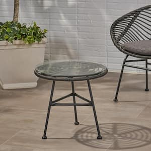 Orlando Grey Round Woven Faux Rattan Patio Outdoor Side Table with Glass Top